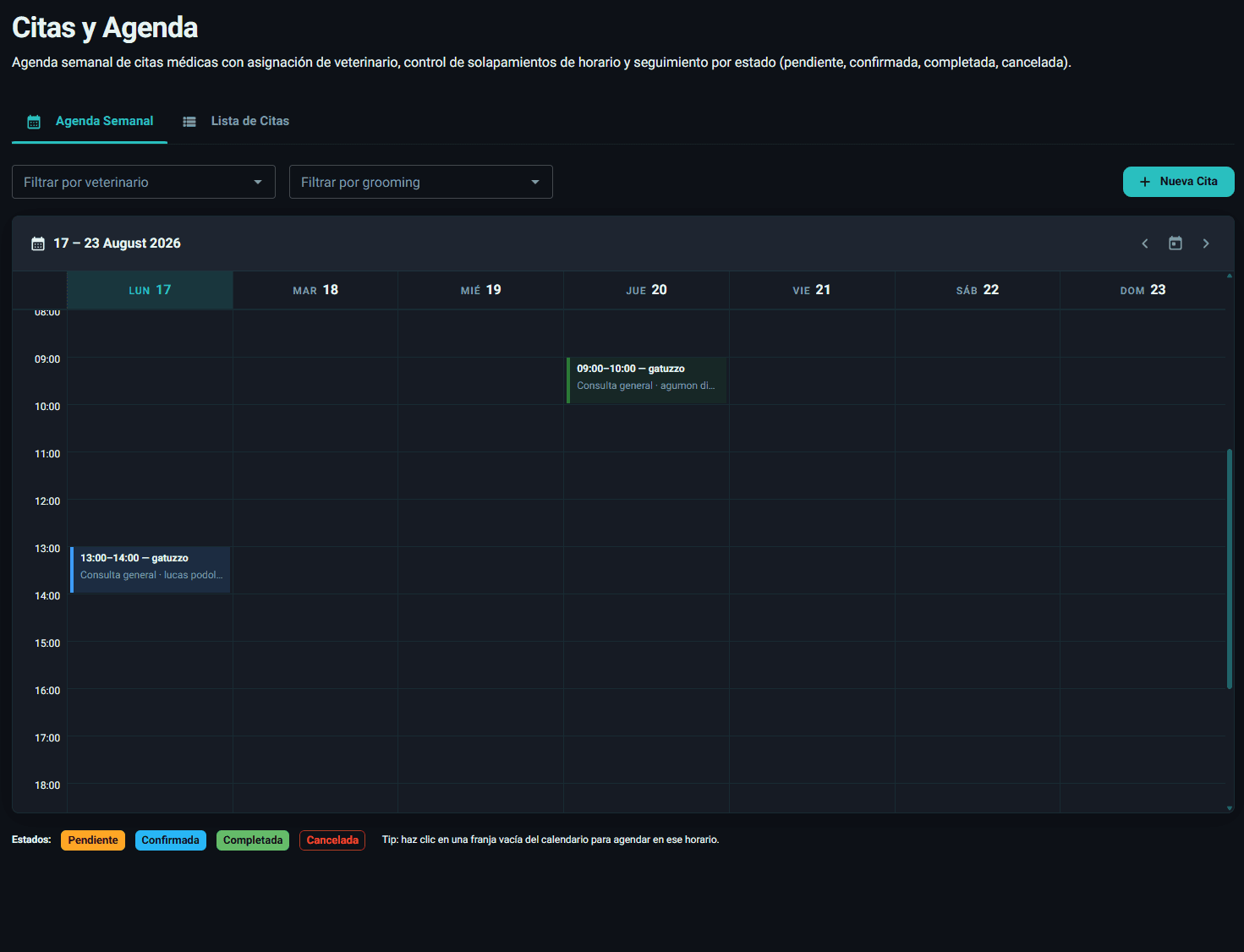 Agenda semanal de citas de VetGest